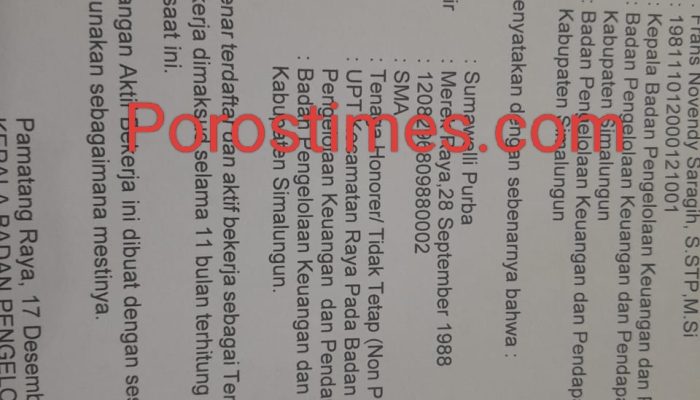 Diduga Manipulasi Dokumen, Honorer Baru 11 Bulan di Pemkab Simalungun Lolos Seleksi PPPK