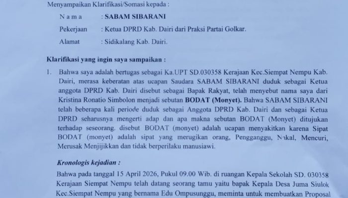 Kepala Sekolah Layangkan Somasi ke Ketua DPRD Dairi Terkait Dugaan Ucapan “Bodat”